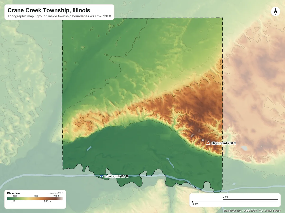 Topographic elevation map of Crane Creek Township, Illinois, shaded from 460 ft on the south side to 730 ft on the southeast side