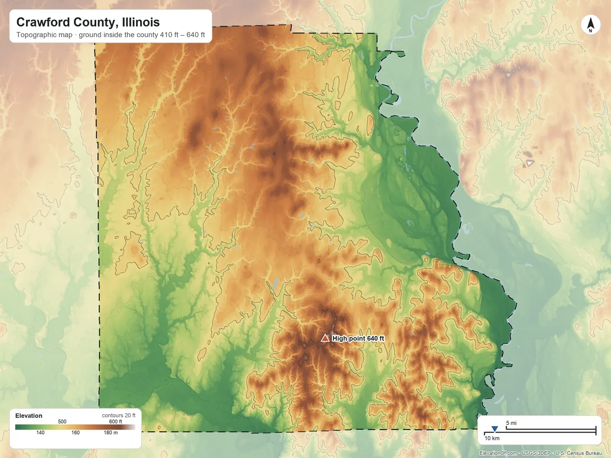 Topographic elevation map of Crawford County, Illinois, shaded from 410 ft on the southeast side to 640 ft on the south side