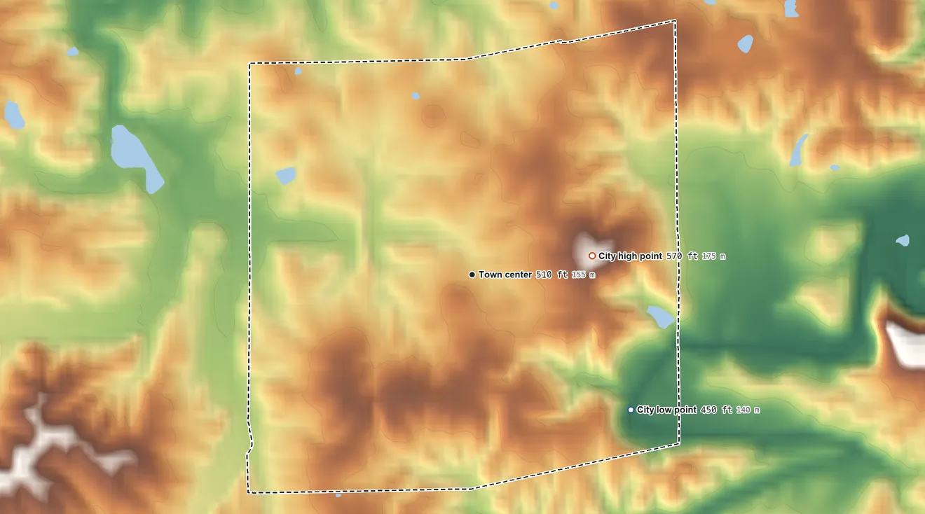Topographic elevation map of Creal Springs, Illinois, shaded from 450 ft on the southeast side to 570 ft on the east side