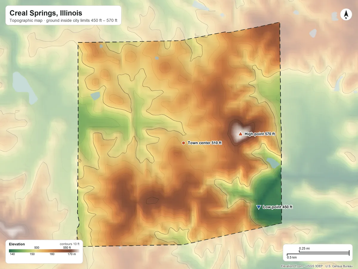 Topographic elevation map of Creal Springs, Illinois, shaded from 450 ft on the southeast side to 570 ft on the east side