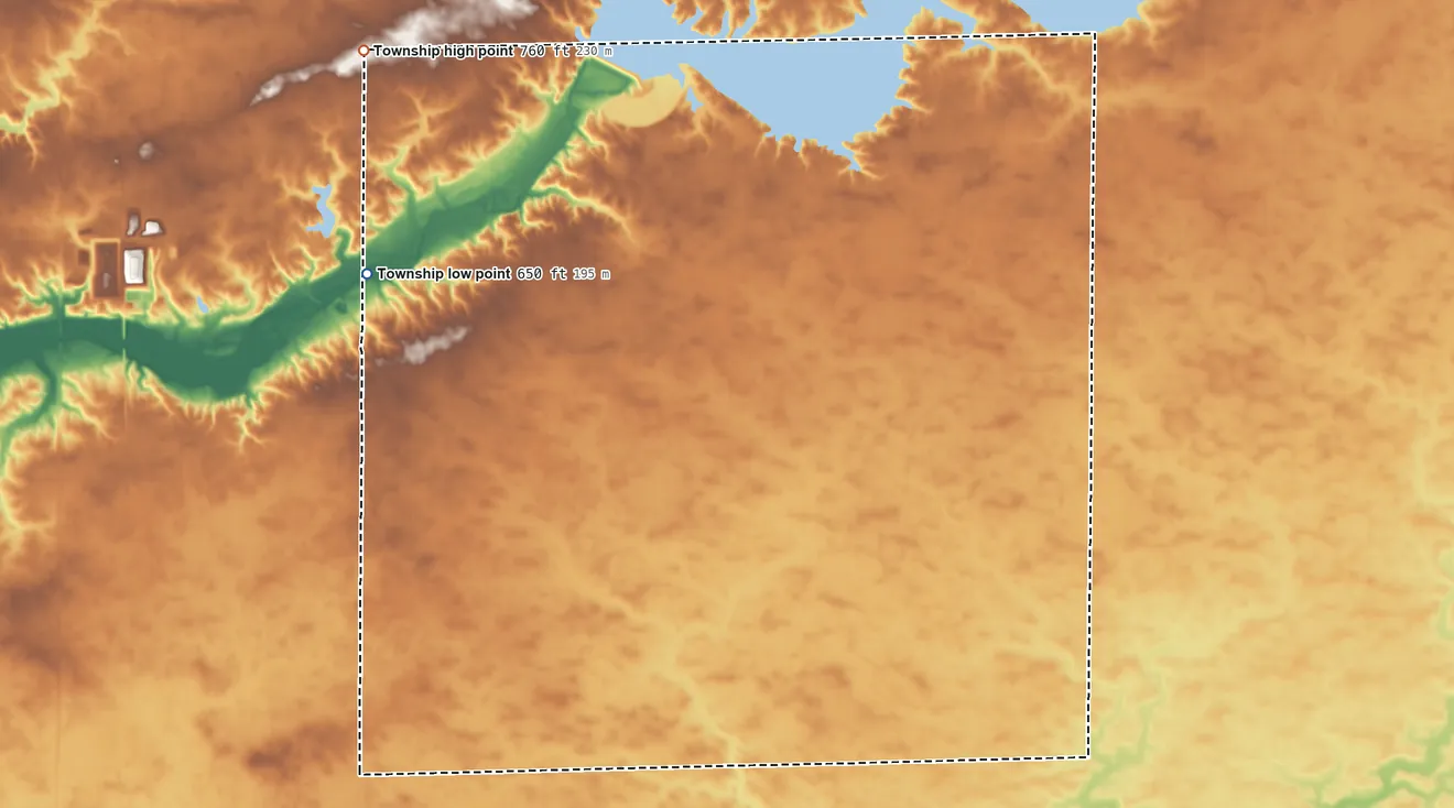Topographic elevation map of Creek Township, Illinois, shaded from 650 ft on the west side to 760 ft on the northwest side