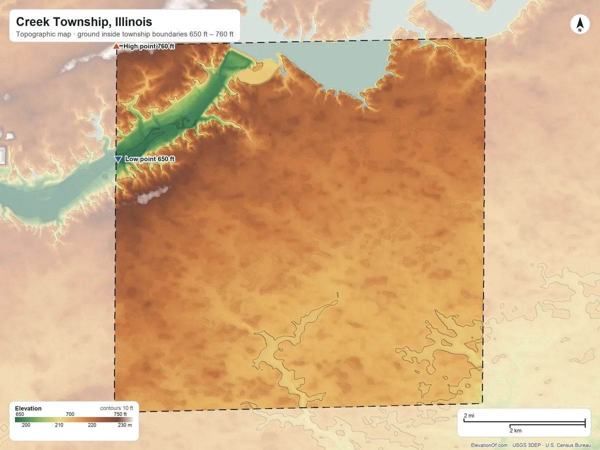 Topographic elevation map of Creek Township, Illinois, shaded from 650 ft on the west side to 760 ft on the northwest side