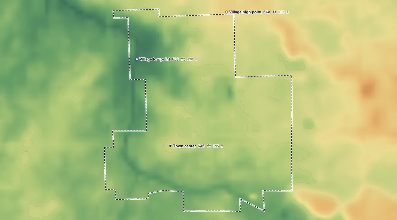 Topographic elevation map of Crescent City, Illinois, shaded from 630 ft on the north side to 640 ft on the northeast side