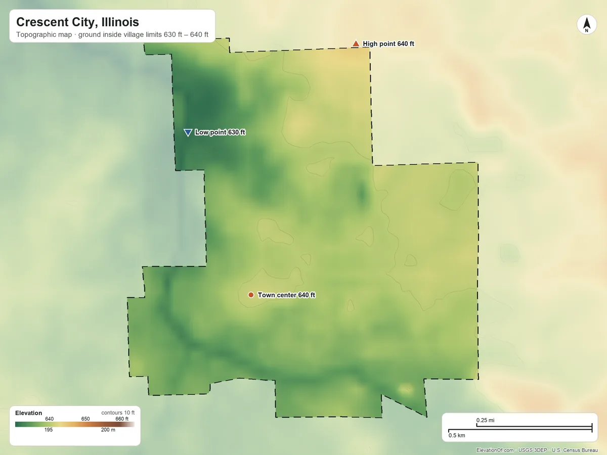 Topographic elevation map of Crescent City, Illinois, shaded from 630 ft on the north side to 640 ft on the northeast side