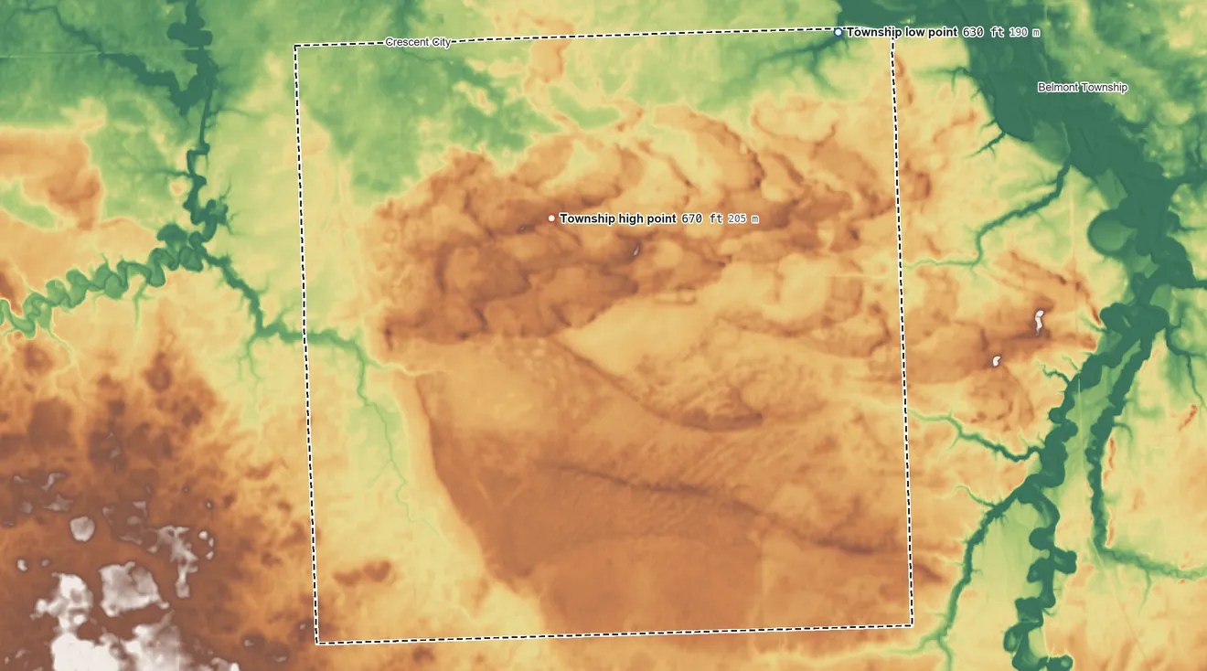Topographic elevation map of Crescent Township, Illinois, shaded from 630 ft on the east side to 670 ft on the southeast side