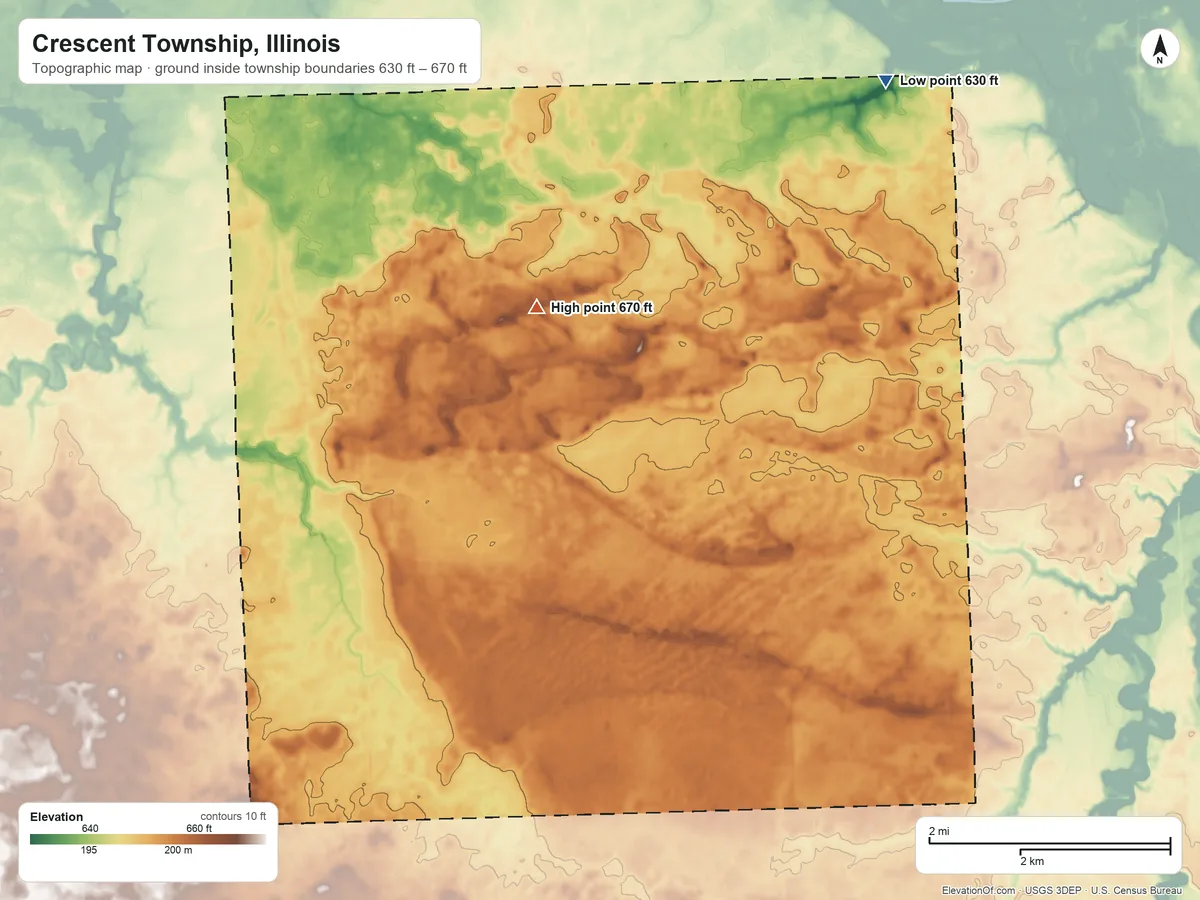 Topographic elevation map of Crescent Township, Illinois, shaded from 630 ft on the east side to 670 ft on the southeast side