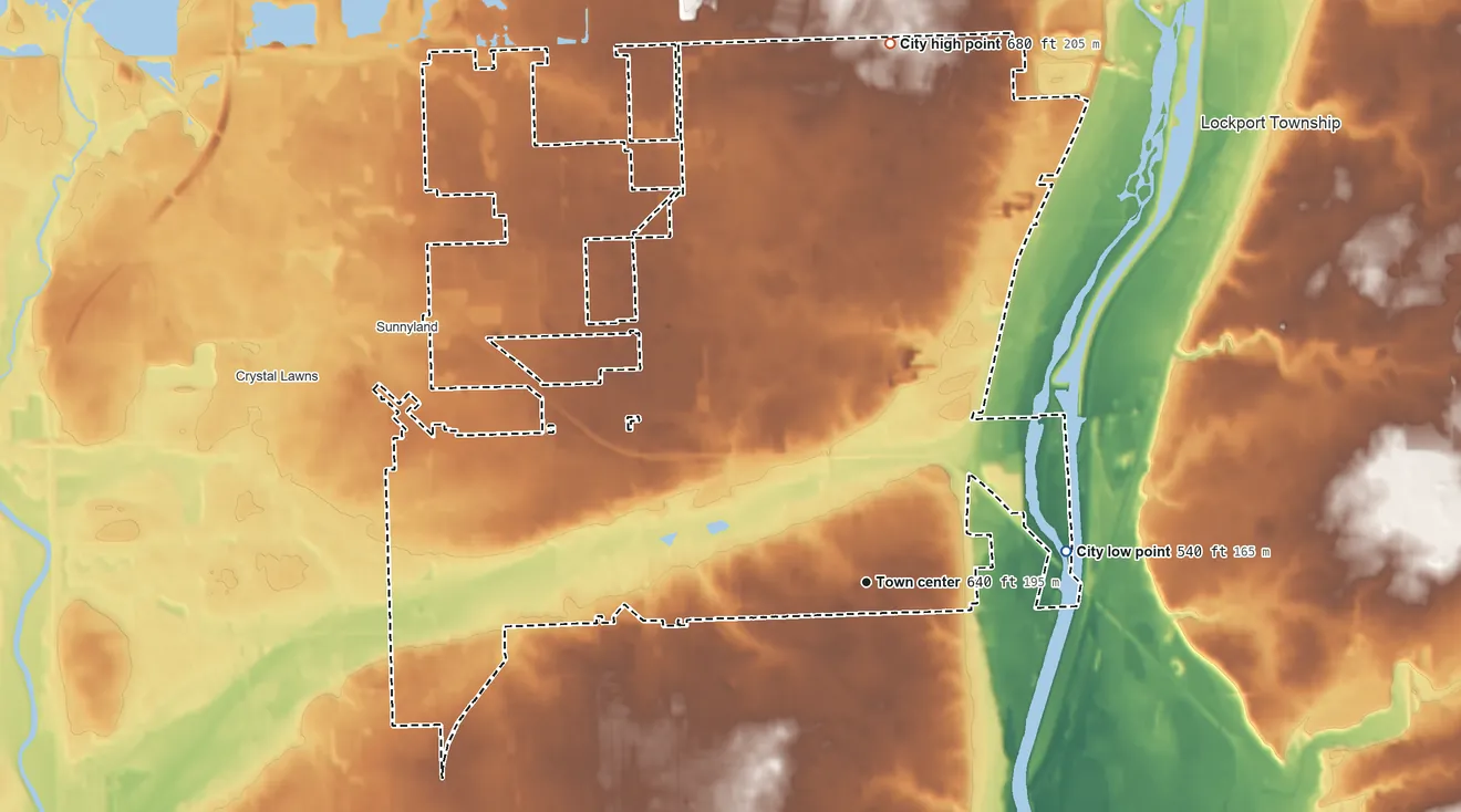 Topographic elevation map of Crest Hill, Illinois, shaded from 540 ft on the east side to 680 ft on the north side