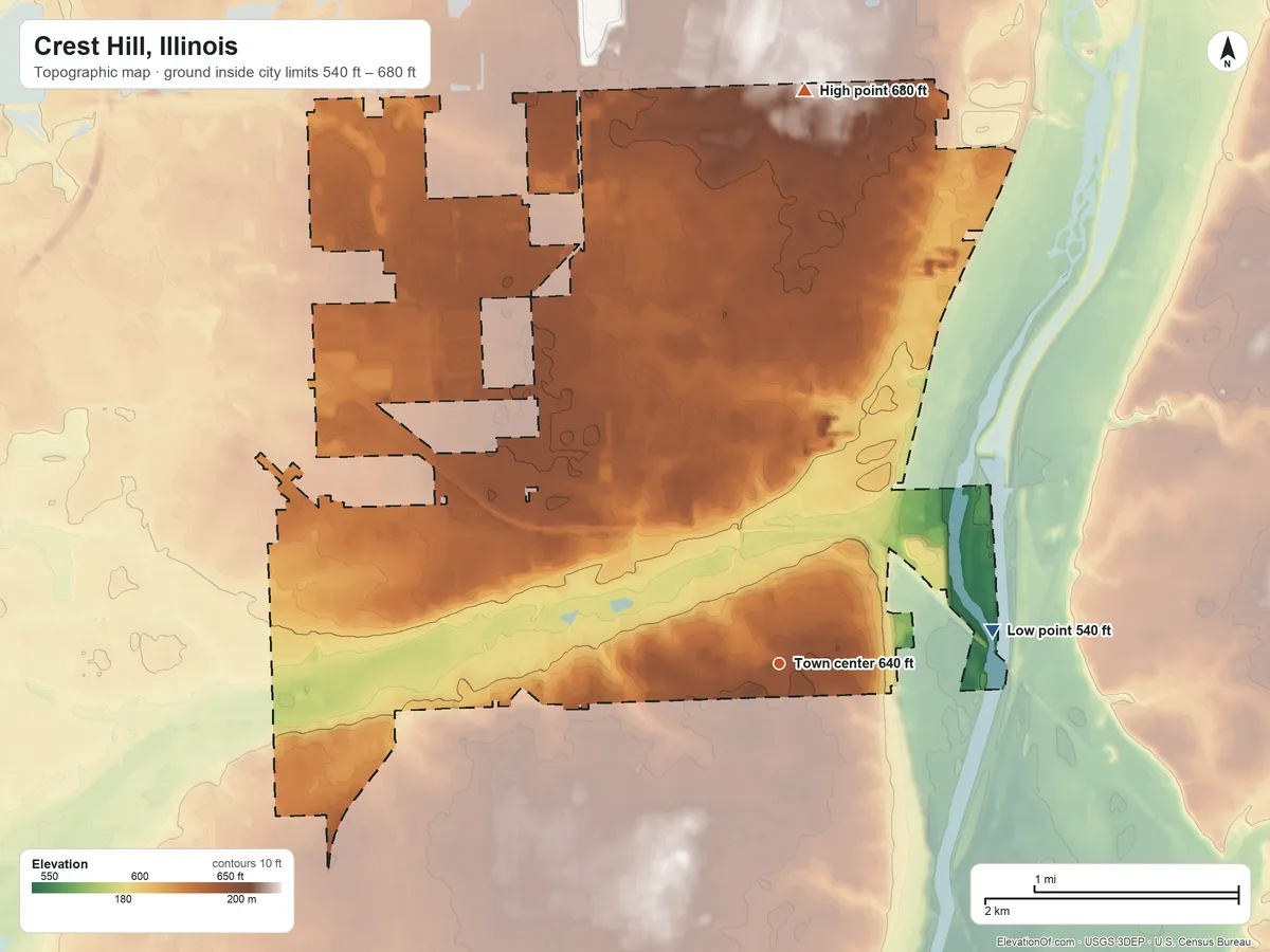 Topographic elevation map of Crest Hill, Illinois, shaded from 540 ft on the east side to 680 ft on the north side