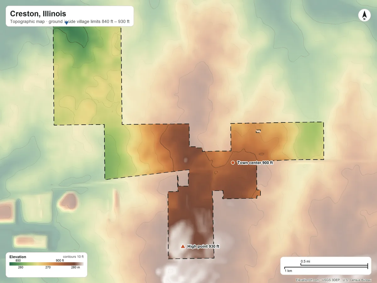 Topographic elevation map of Creston, Illinois, shaded from 840 ft on the northwest side to 930 ft on the southwest side