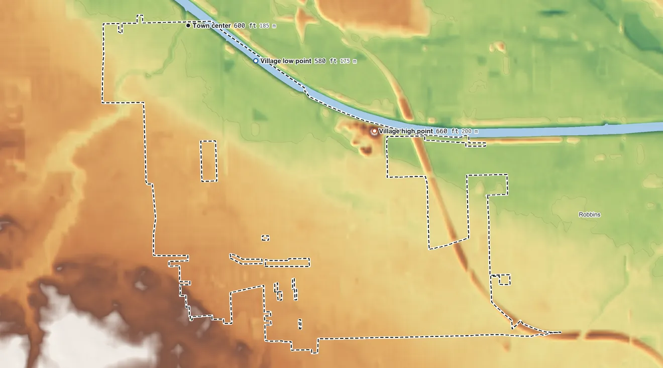Topographic elevation map of Crestwood, Illinois, shaded from 580 ft on the southeast side to 660 ft on the southeast side