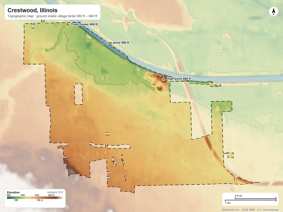 Topographic elevation map of Crestwood, Illinois, shaded from 580 ft on the southeast side to 660 ft on the southeast side