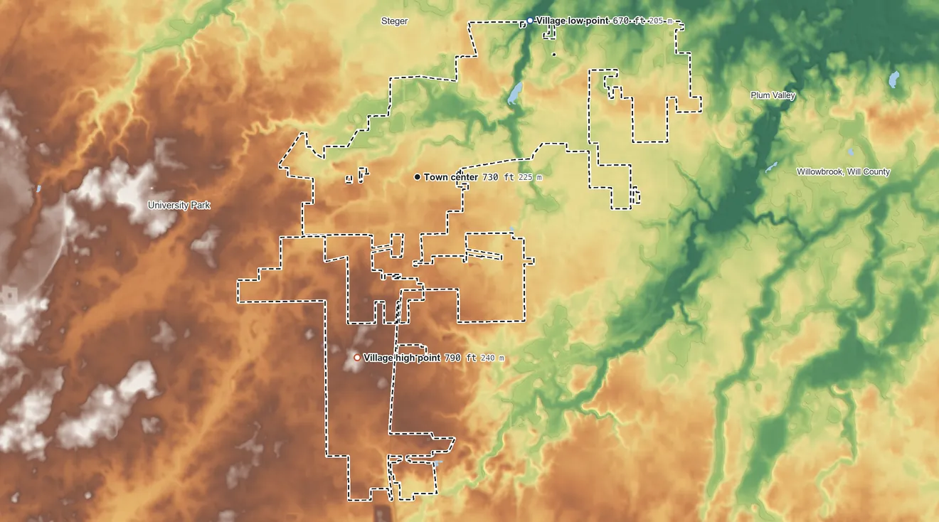 Topographic elevation map of Crete, Illinois, shaded from 670 ft on the northeast side to 790 ft on the south side