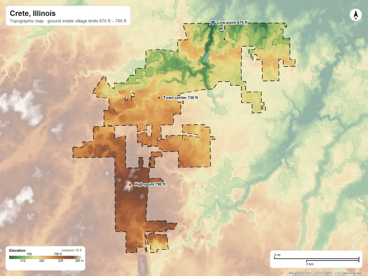 Topographic elevation map of Crete, Illinois, shaded from 670 ft on the northeast side to 790 ft on the south side
