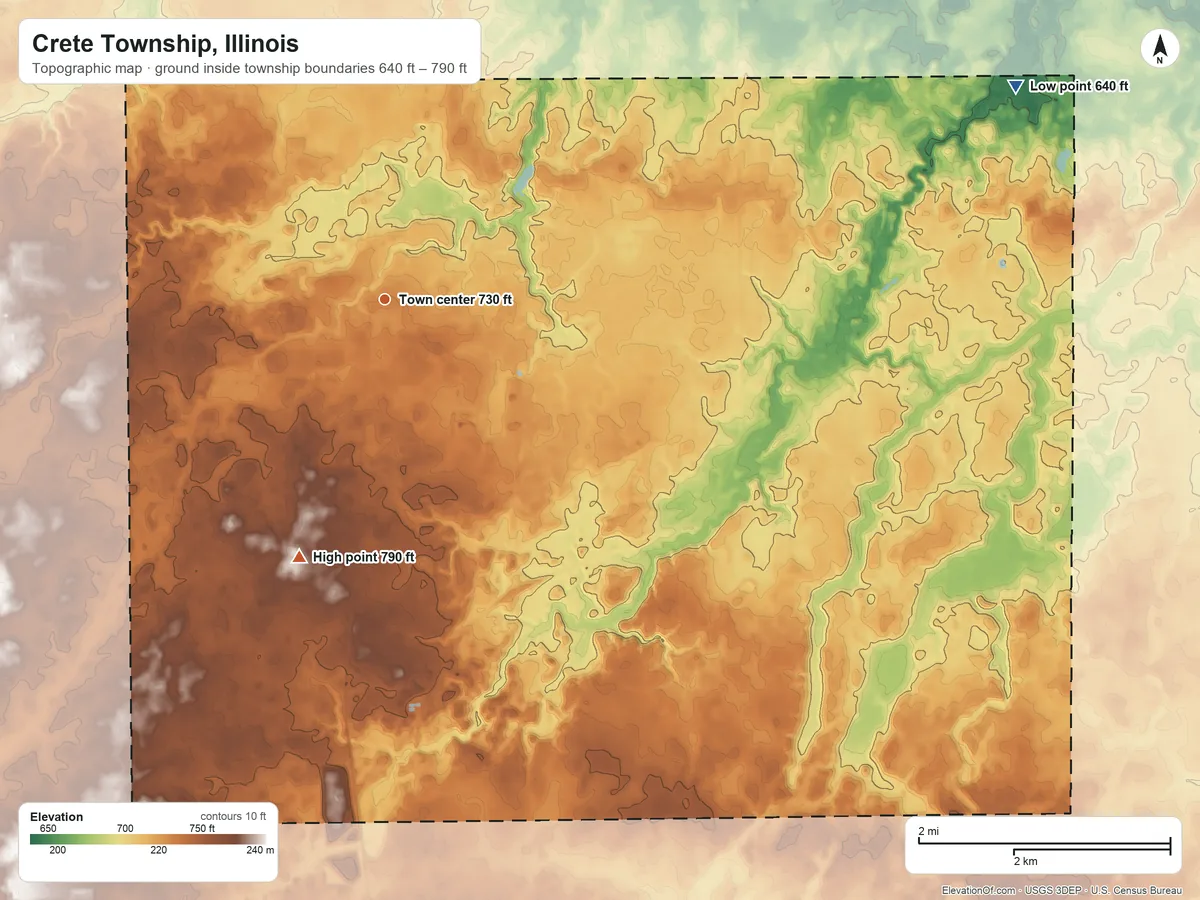 Topographic elevation map of Crete Township, Illinois, shaded from 640 ft on the east side to 790 ft on the south side