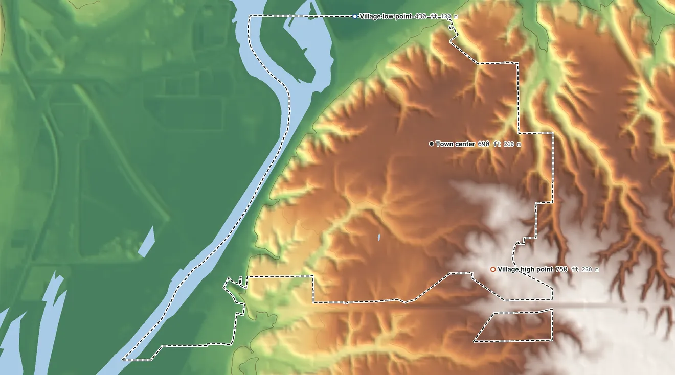Topographic elevation map of Creve Coeur, Illinois, shaded from 430 ft on the northwest side to 750 ft on the southeast side