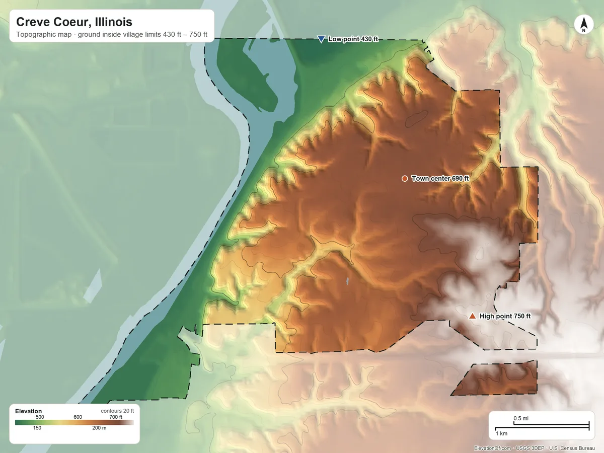 Topographic elevation map of Creve Coeur, Illinois, shaded from 430 ft on the northwest side to 750 ft on the southeast side