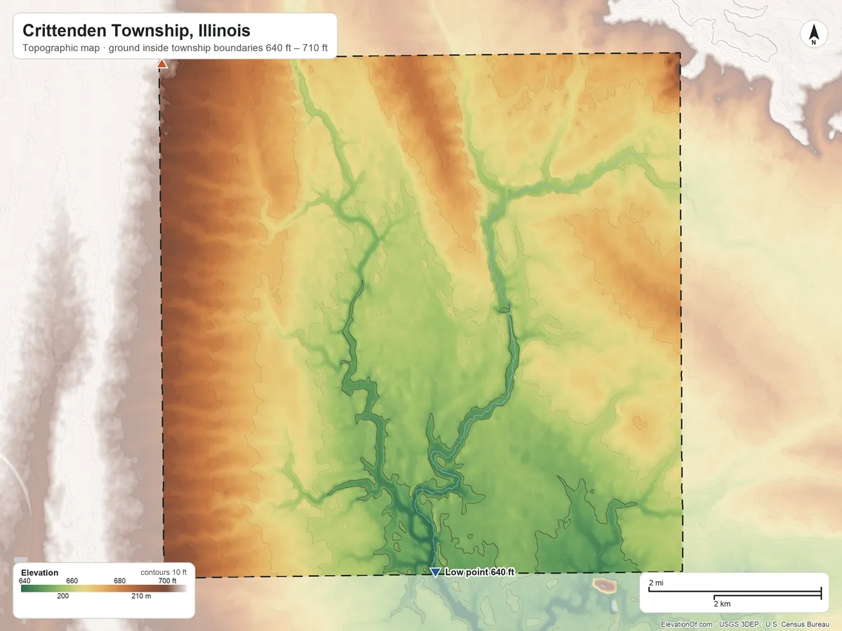 Topographic elevation map of Crittenden Township, Illinois, shaded from 640 ft on the south side to 710 ft on the northwest side