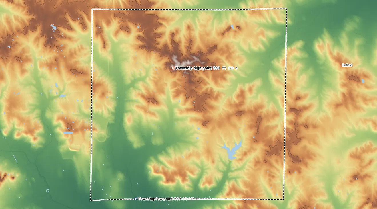 Topographic elevation map of Crook Township, Illinois, shaded from 380 ft on the south side to 560 ft on the north side