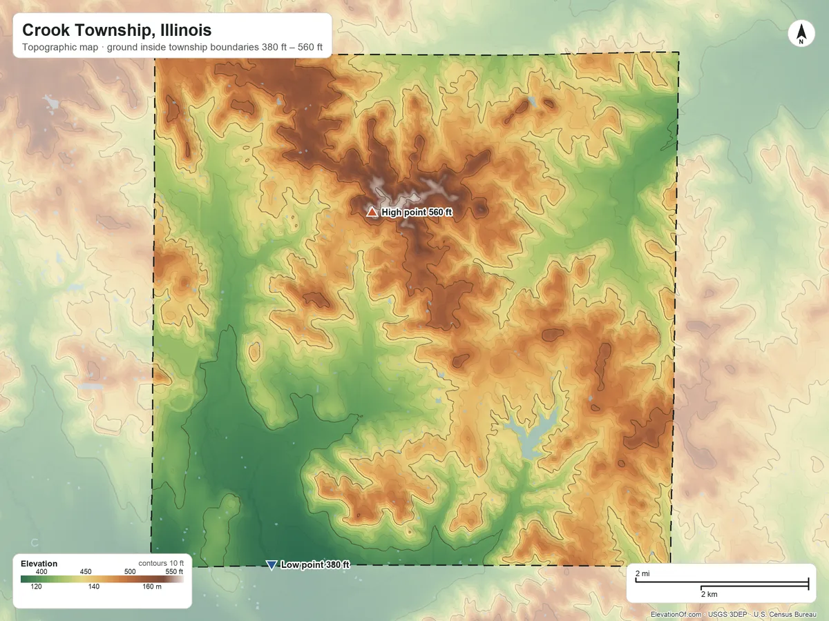 Topographic elevation map of Crook Township, Illinois, shaded from 380 ft on the south side to 560 ft on the north side