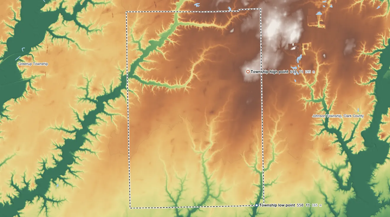 Topographic elevation map of Crooked Creek Township, Cumberland County, Illinois, shaded from 550 ft on the southeast side to 640 ft on the northeast side