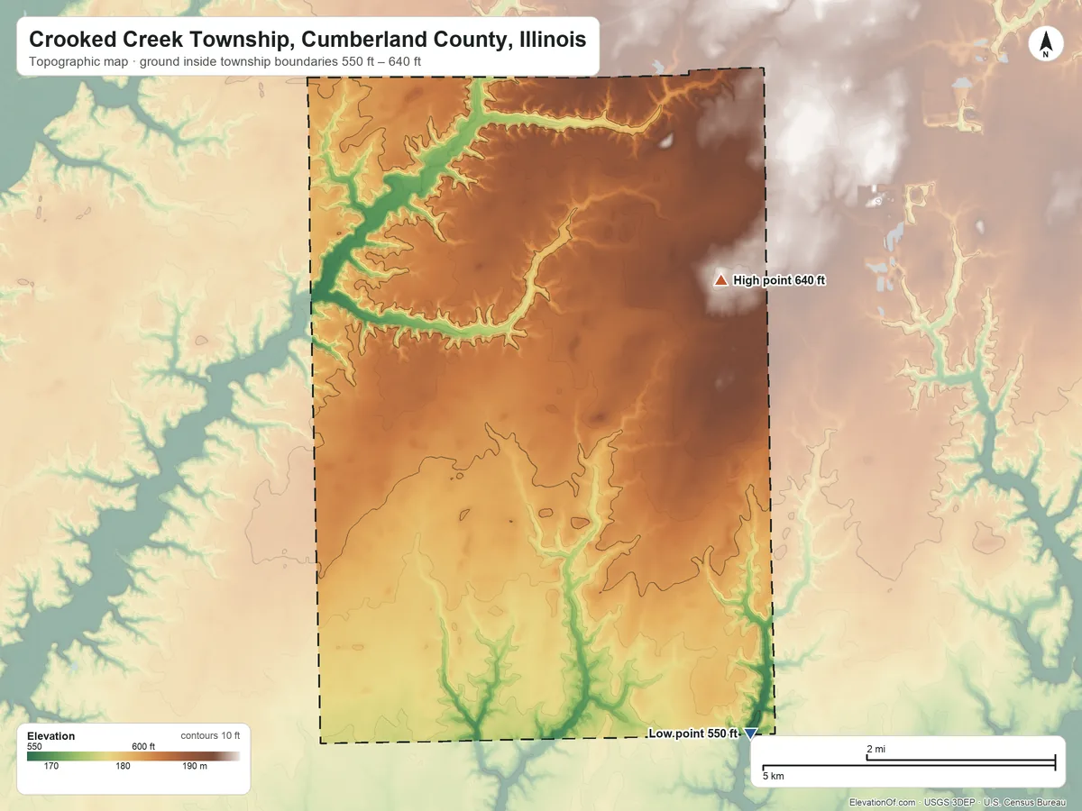 Topographic elevation map of Crooked Creek Township, Cumberland County, Illinois, shaded from 550 ft on the southeast side to 640 ft on the northeast side