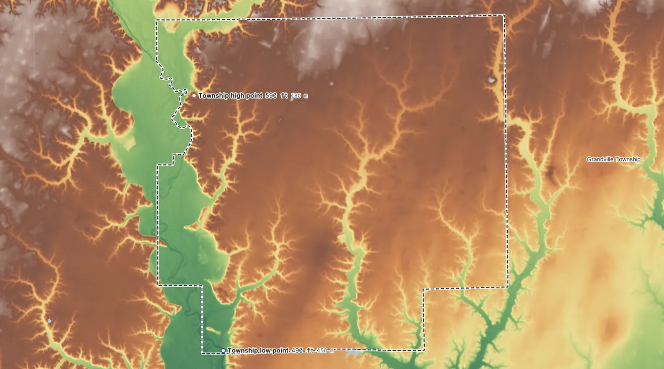 Topographic elevation map of Crooked Creek Township, Illinois, shaded from 490 ft on the southwest side to 590 ft on the northwest side