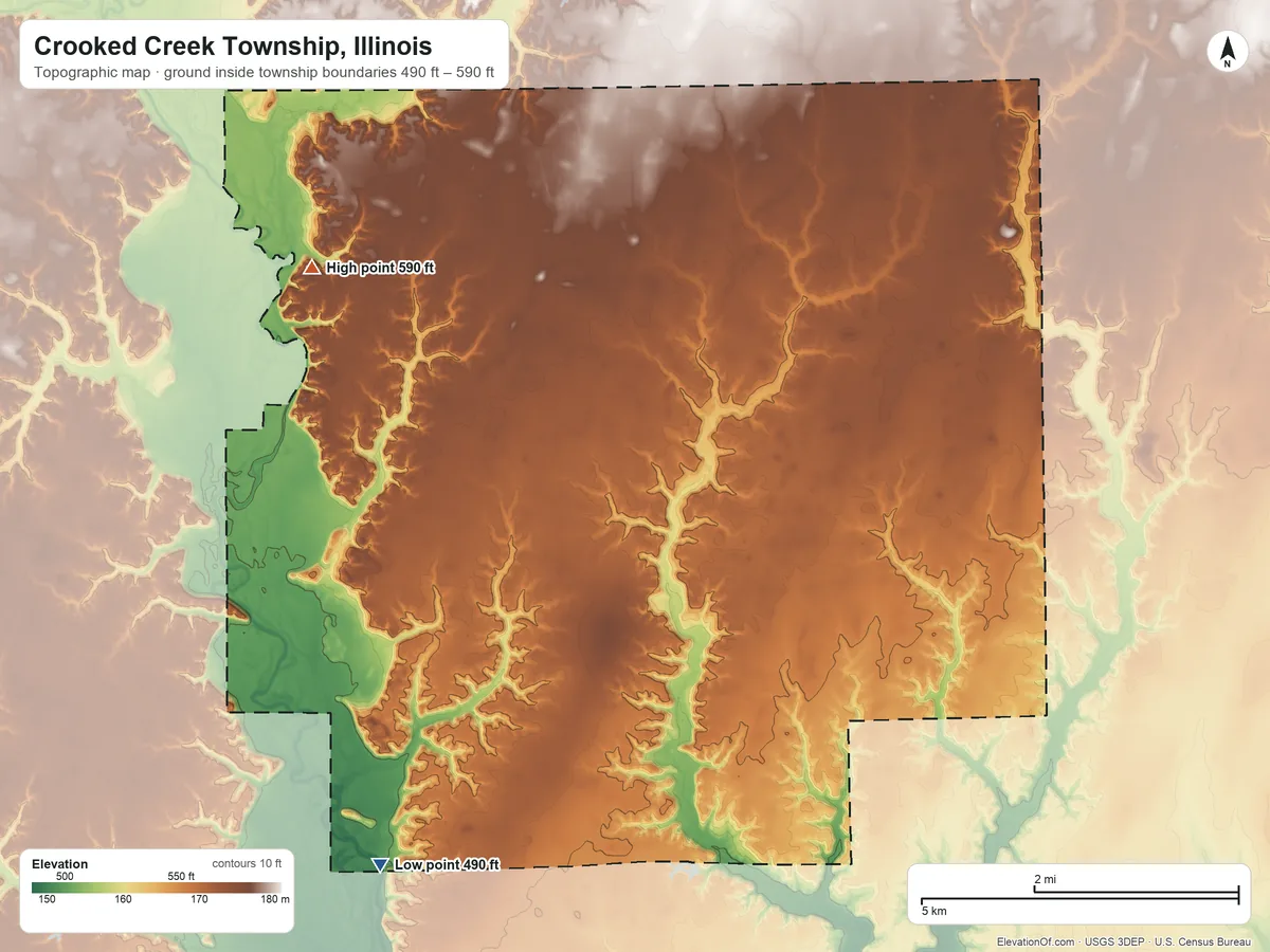 Topographic elevation map of Crooked Creek Township, Illinois, shaded from 490 ft on the southwest side to 590 ft on the northwest side