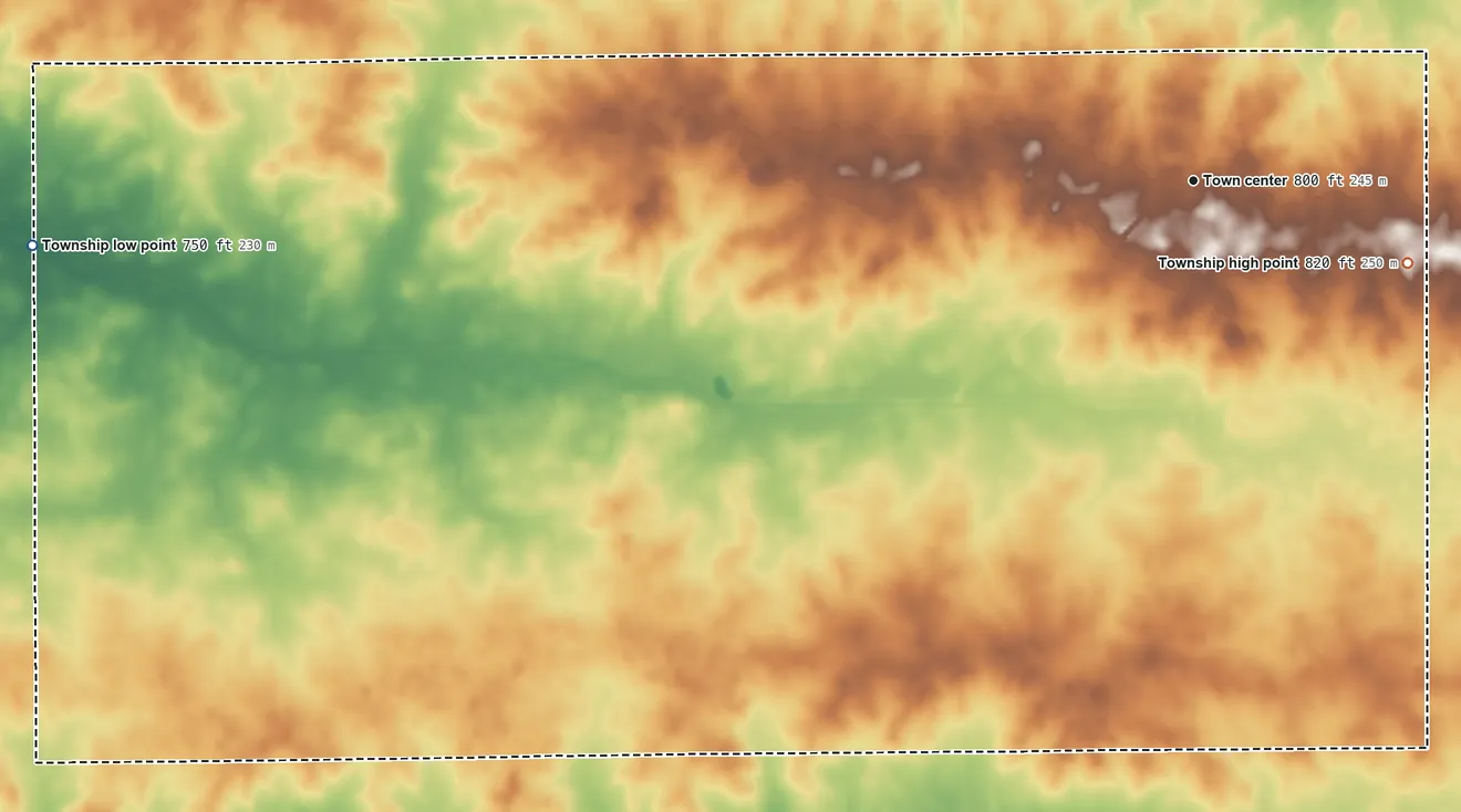 Topographic elevation map of Cropsey Township, Illinois, shaded from 750 ft on the west side to 820 ft on the east side