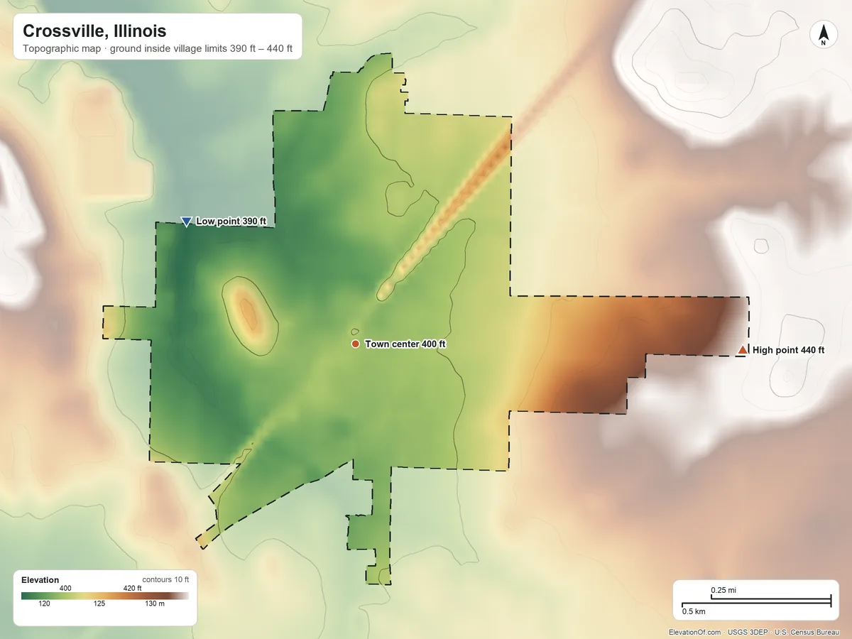 Topographic elevation map of Crossville, Illinois, shaded from 390 ft on the northwest side to 440 ft on the east side