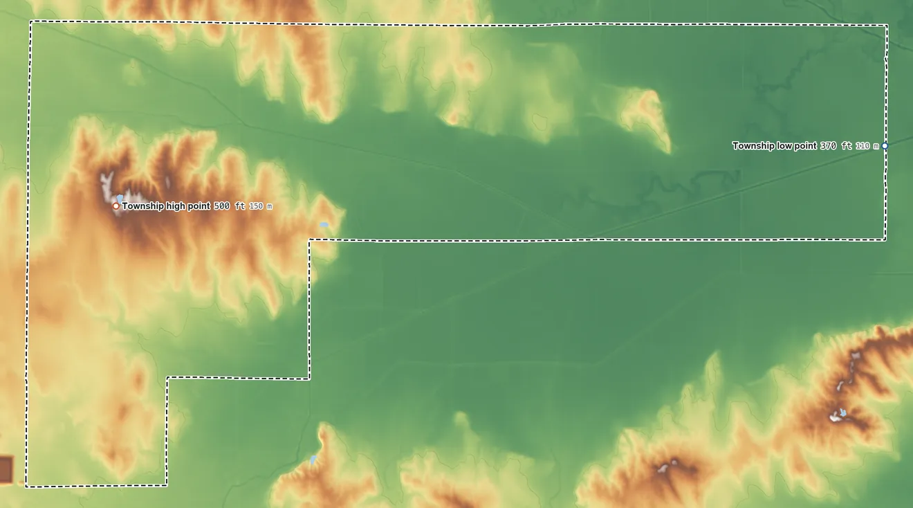 Topographic elevation map of Crouch Township, Illinois, shaded from 370 ft on the east side to 500 ft on the west side