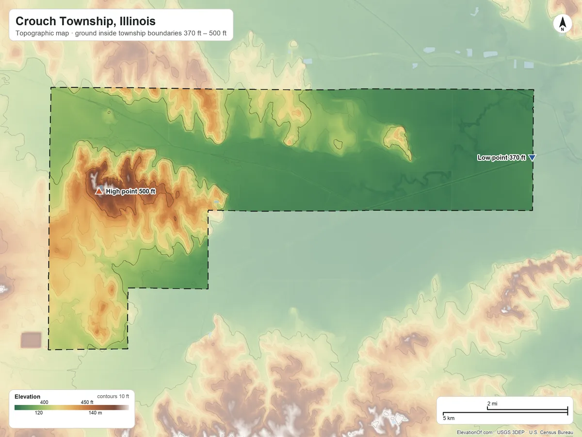 Topographic elevation map of Crouch Township, Illinois, shaded from 370 ft on the east side to 500 ft on the west side