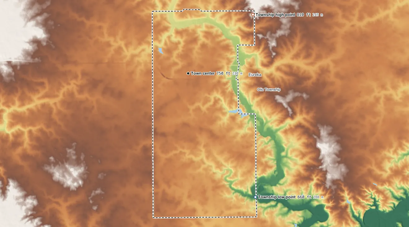 Topographic elevation map of Cruger Township, Illinois, shaded from 660 ft on the southeast side to 810 ft on the northeast side