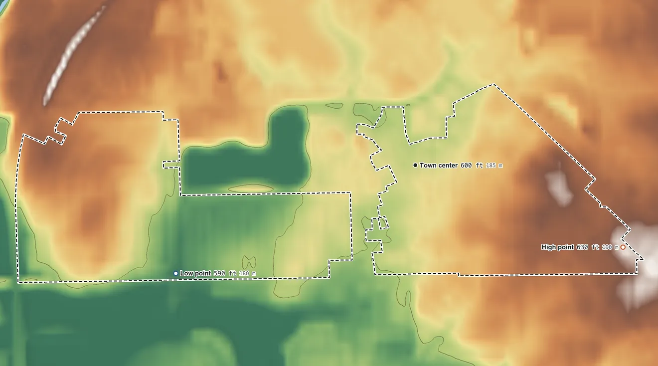 Topographic elevation map of Crystal Lawns, Illinois, shaded from 590 ft on the southwest side to 630 ft on the east side