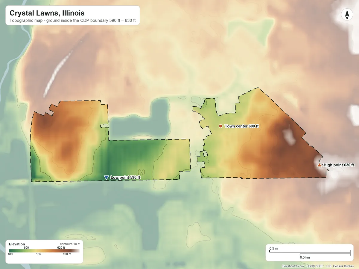Topographic elevation map of Crystal Lawns, Illinois, shaded from 590 ft on the southwest side to 630 ft on the east side