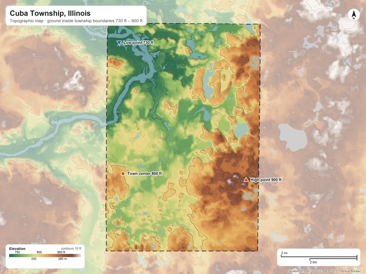 Topographic elevation map of Cuba Township, Illinois, shaded from 730 ft on the north side to 900 ft on the east side