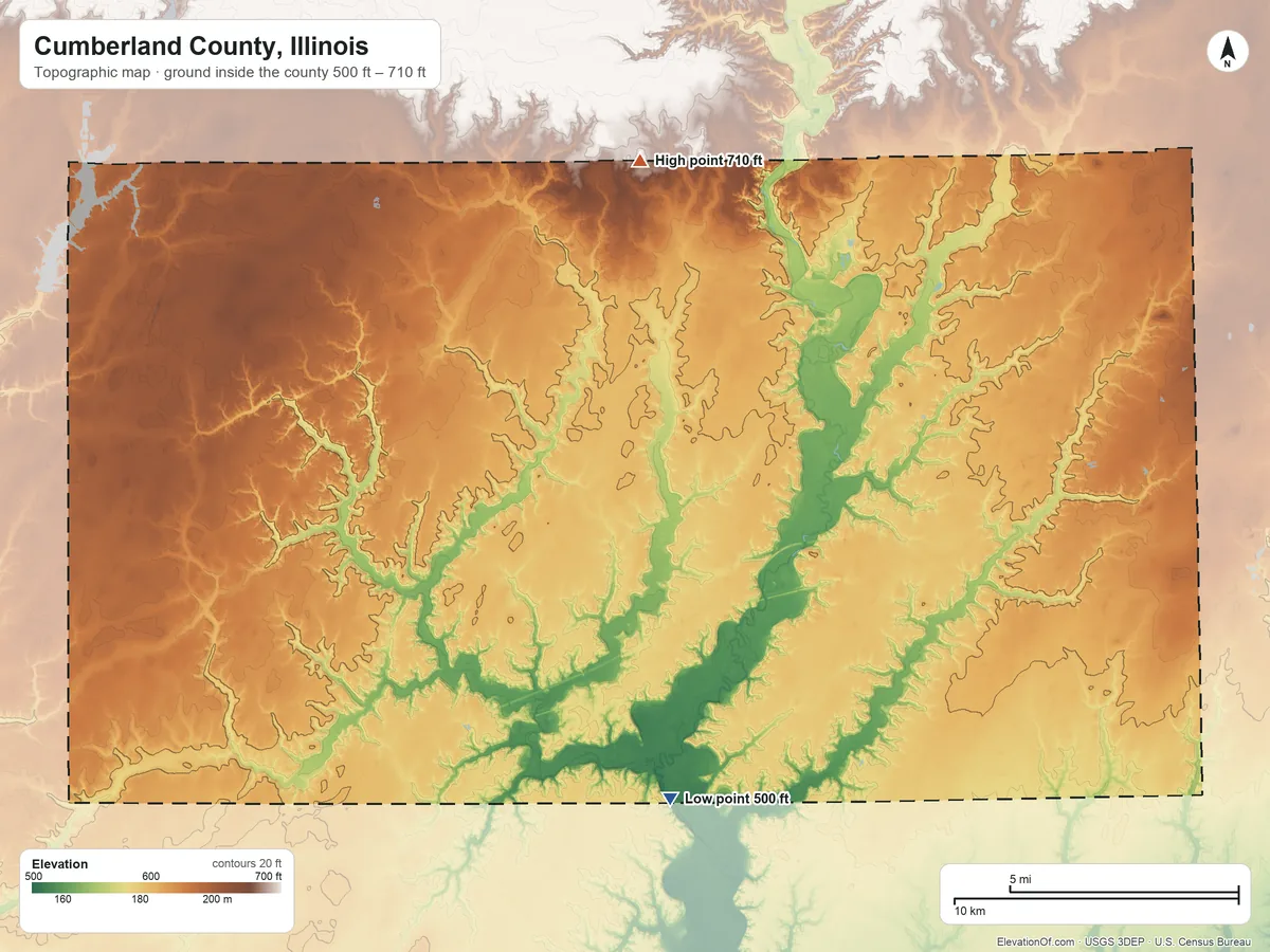 Topographic elevation map of Cumberland County, Illinois, shaded from 500 ft on the south side to 710 ft on the north side