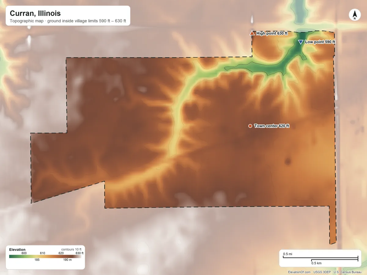 Topographic elevation map of Curran, Illinois, shaded from 590 ft on the northeast side to 630 ft on the north side