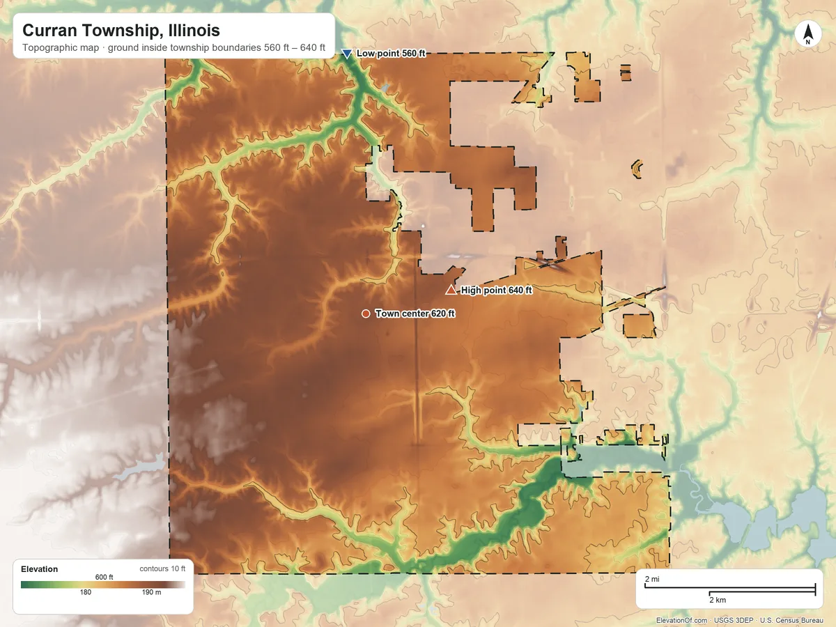 Topographic elevation map of Curran Township, Illinois, shaded from 560 ft on the north side to 640 ft on the east side