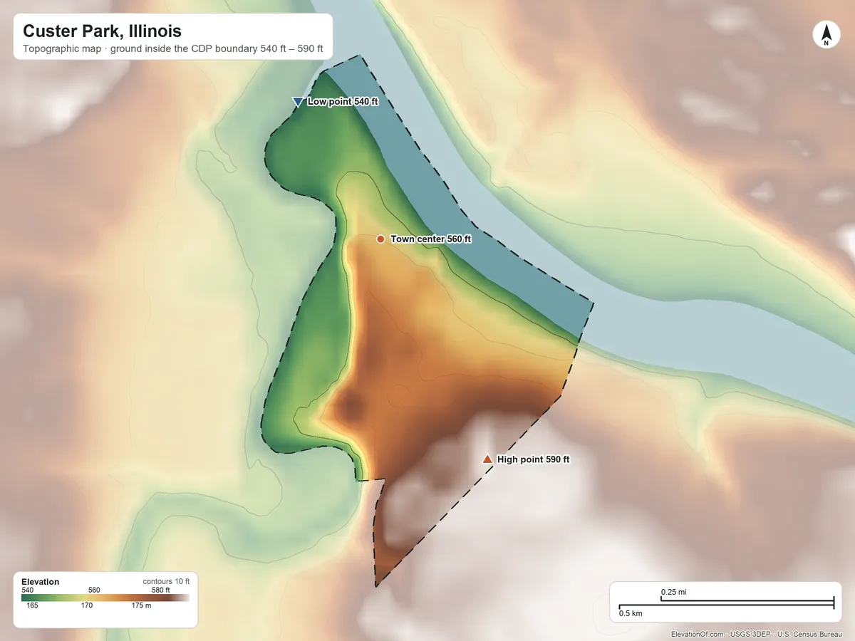 Topographic elevation map of Custer Park, Illinois, shaded from 540 ft on the northwest side to 590 ft on the southeast side