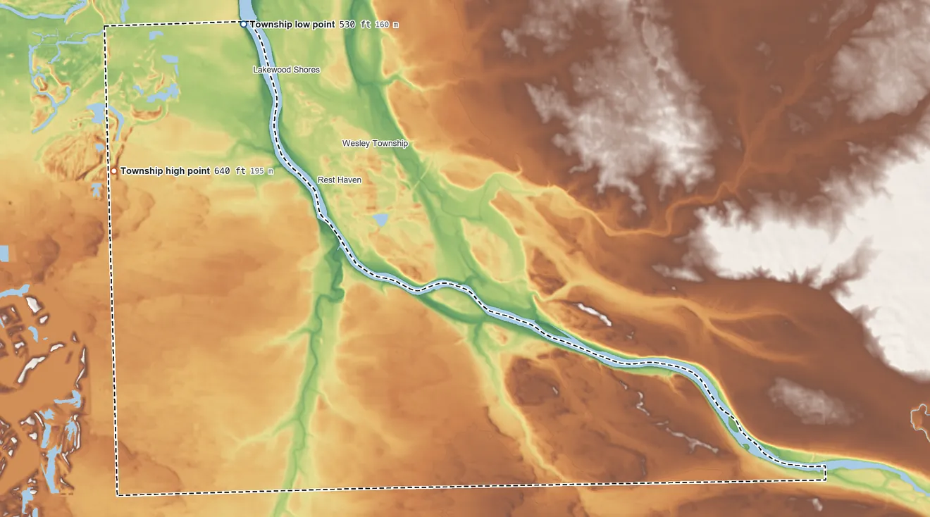 Topographic elevation map of Custer Township, Illinois, shaded from 530 ft on the northwest side to 640 ft on the northwest side