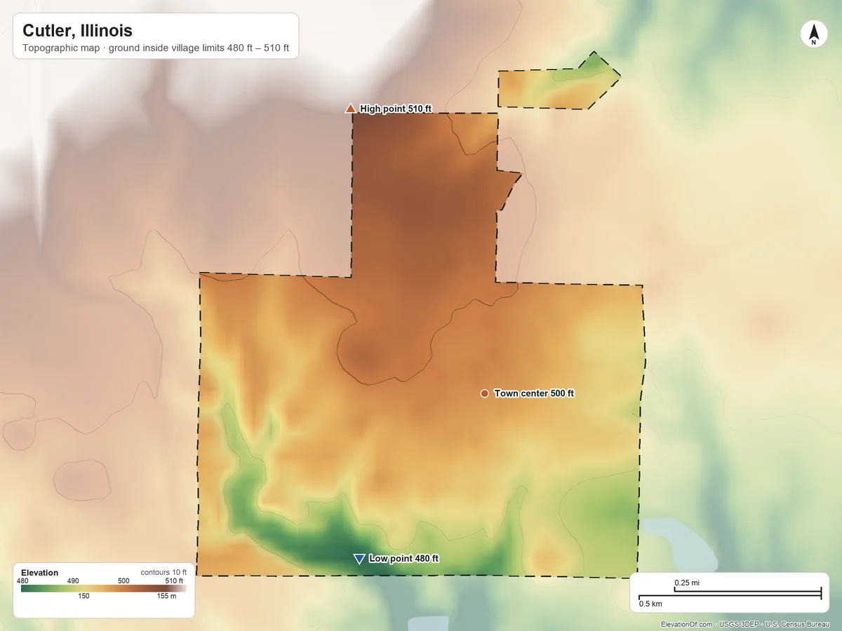 Topographic elevation map of Cutler, Illinois, shaded from 480 ft on the southwest side to 510 ft on the northwest side
