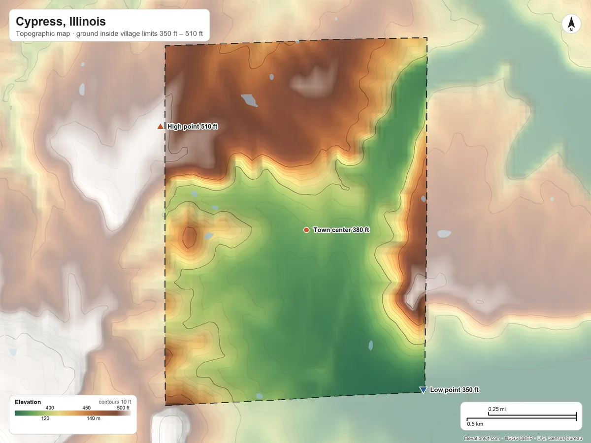Topographic elevation map of Cypress, Illinois, shaded from 350 ft on the southeast side to 510 ft on the northwest side