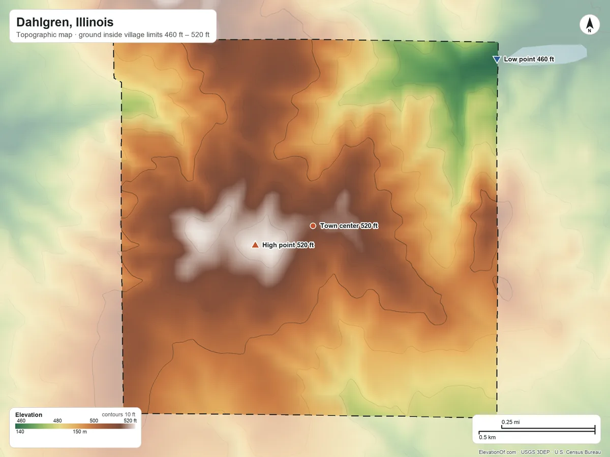 Topographic elevation map of Dahlgren, Illinois, shaded from 460 ft on the northeast side to 520 ft on the west side