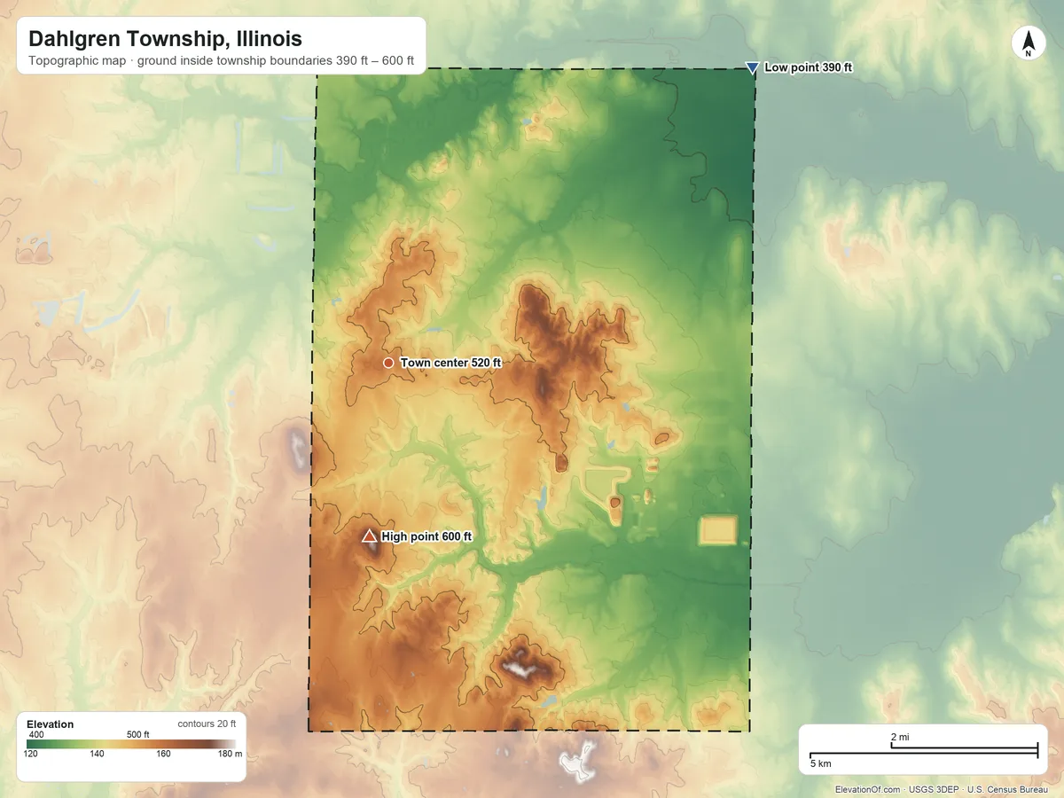 Topographic elevation map of Dahlgren Township, Illinois, shaded from 390 ft on the northeast side to 600 ft on the south side