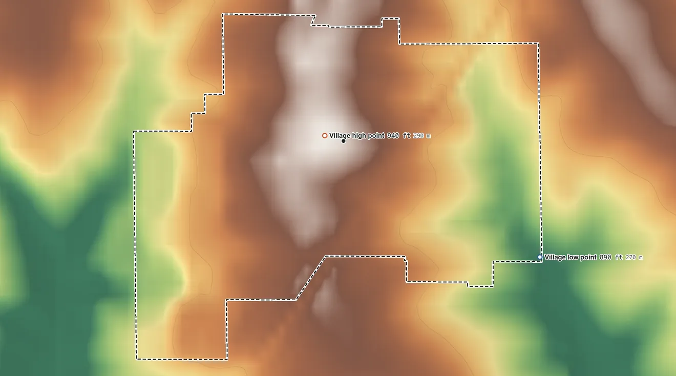 Topographic elevation map of Dakota, Illinois, shaded from 890 ft on the southeast side to 940 ft near the middle