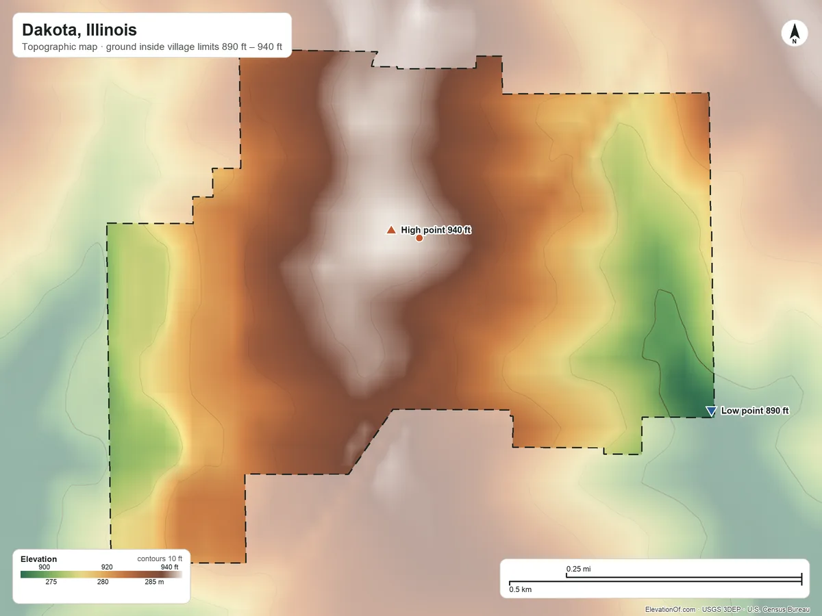 Topographic elevation map of Dakota, Illinois, shaded from 890 ft on the southeast side to 940 ft near the middle