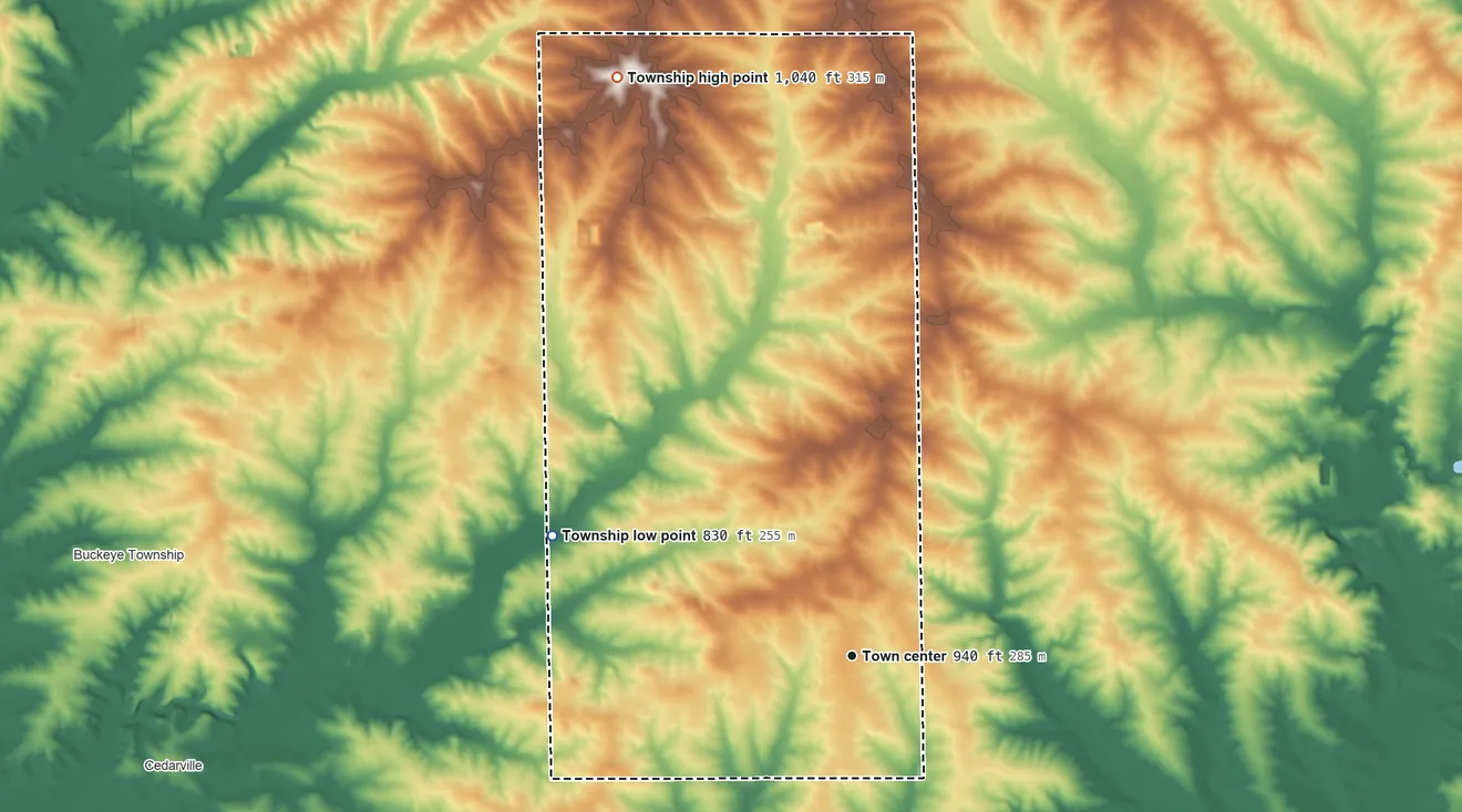 Topographic elevation map of Dakota Township, Illinois, shaded from 830 ft on the west side to 1,040 ft on the north side
