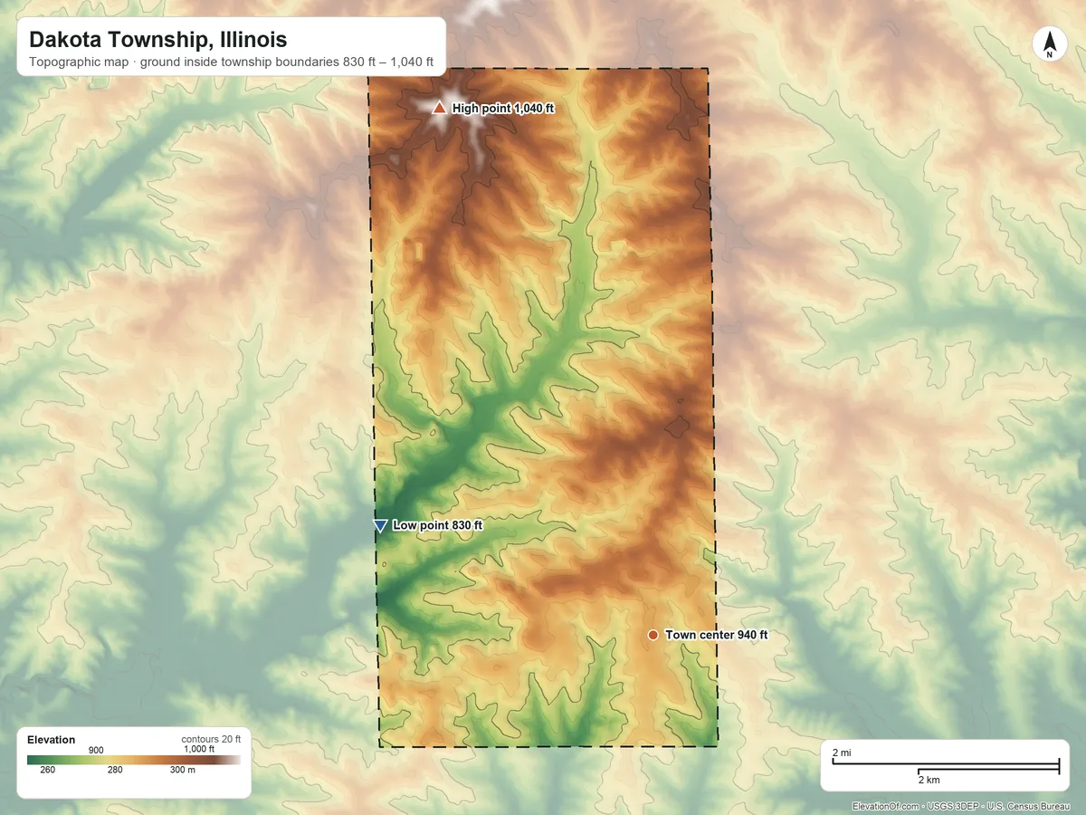 Topographic elevation map of Dakota Township, Illinois, shaded from 830 ft on the west side to 1,040 ft on the north side