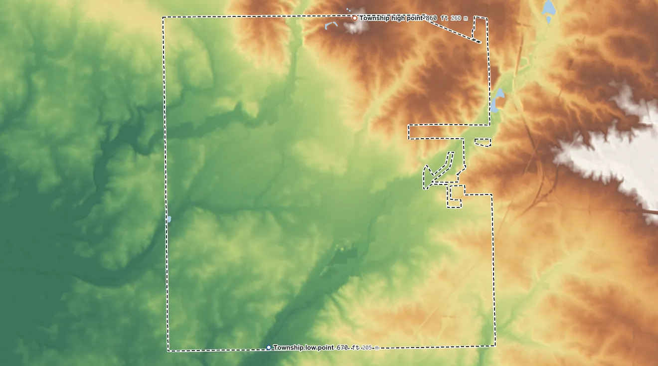 Topographic elevation map of Dale Township, Illinois, shaded from 670 ft on the south side to 860 ft on the north side