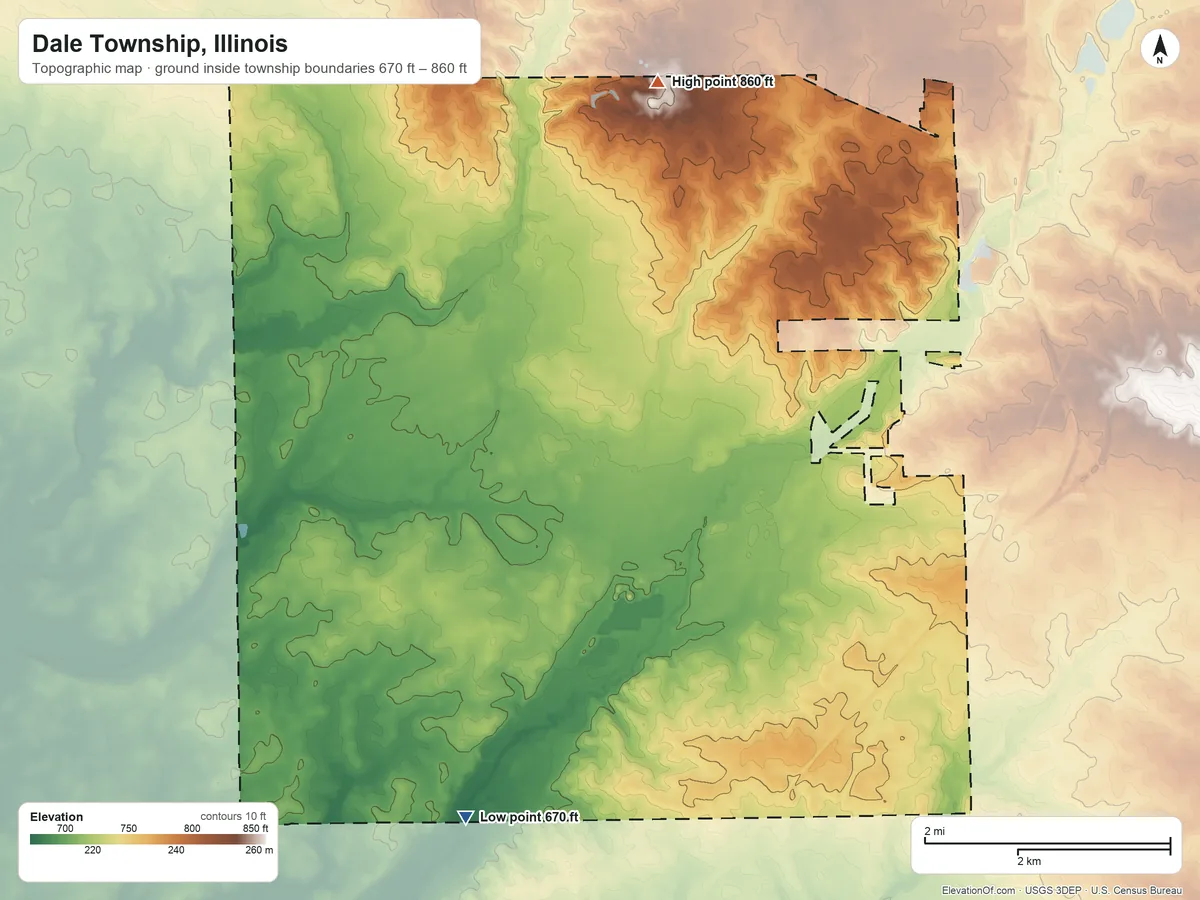 Topographic elevation map of Dale Township, Illinois, shaded from 670 ft on the south side to 860 ft on the north side